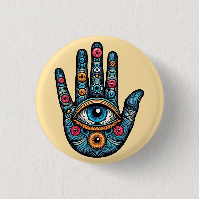 Hamsa Hand with and eye art illustration Button (Front)