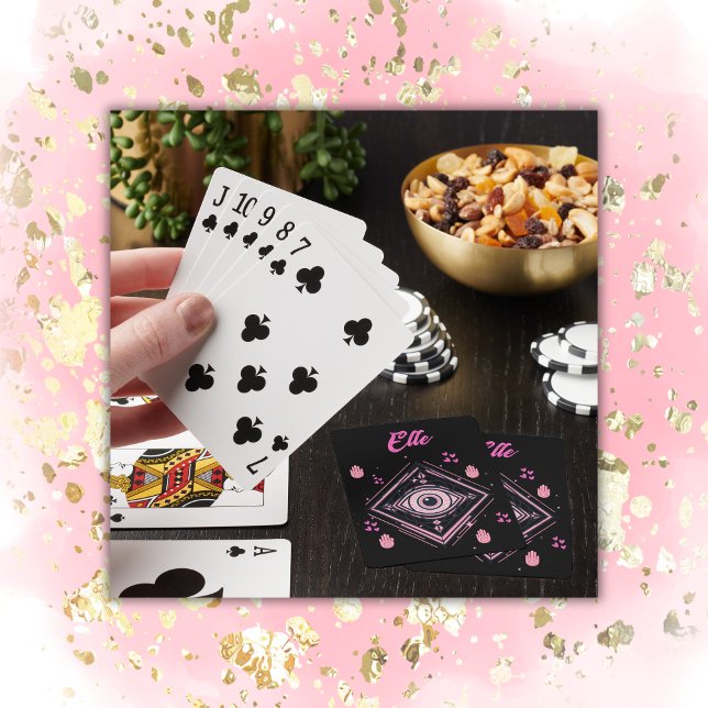 Hamsa Hand with Evil Eye and Hearts Pink on black Poker Cards (Creator Uploaded)