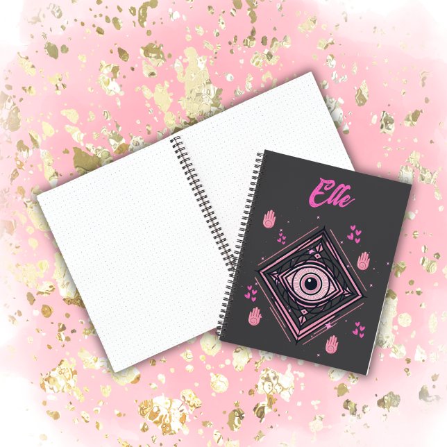 Hamsa Hand with Evil Eye and Hearts Pink on gray Notebook (Creator Uploaded)