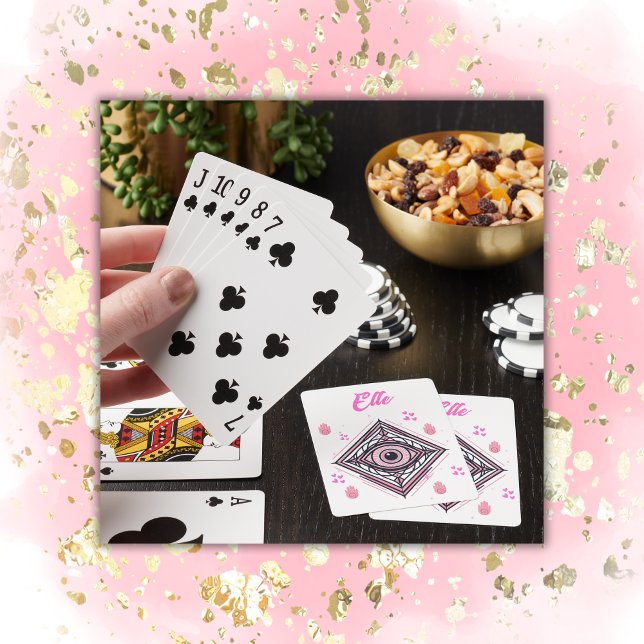 Hamsa Hand with Evil Eye and Hearts Pink on white Poker Cards (Creator Uploaded)