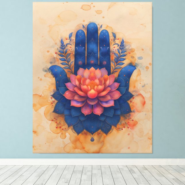 Hamsa Hand with Lotus Flower Canvas Print (Insitu(Wood Floor))