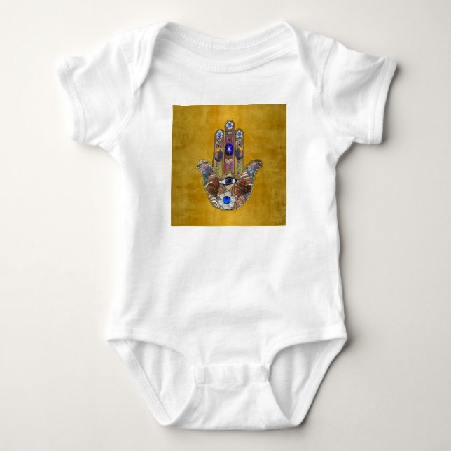 Hamsa Hearts Flowers Opal Art on Gold Baby Bodysuit (Front)