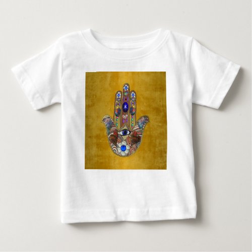 Hamsa Hearts Flowers Opal Art on Gold Baby T_Shirt