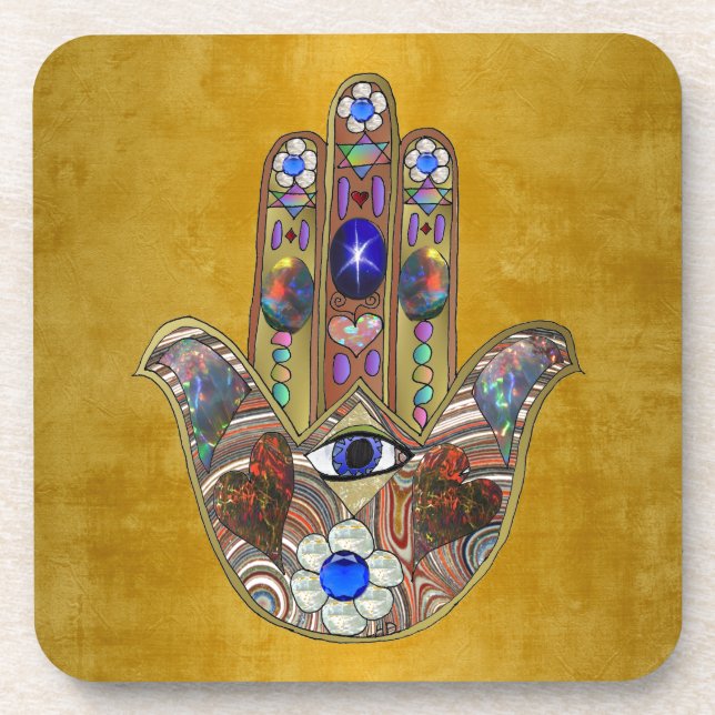 Hamsa Hearts Flowers Opal Art on Gold Beverage Coaster (Front)