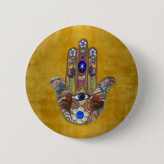 Hamsa Hearts Flowers Opal Art on Gold Button (Front)