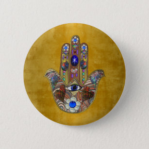 Hamsa Hearts Flowers Opal Art on Gold Button