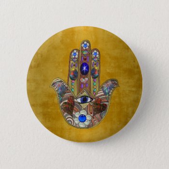 Hamsa Hearts Flowers Opal Art On Gold Button by JudaicaGifts at Zazzle