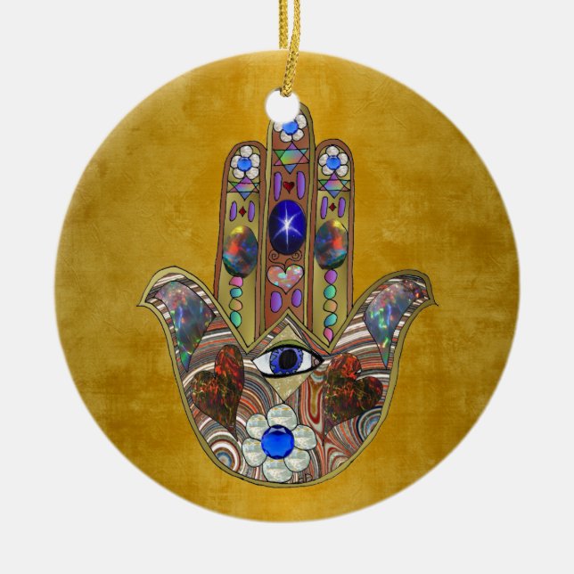 Hamsa Hearts Flowers Opal Art on Gold Ceramic Ornament (Front)