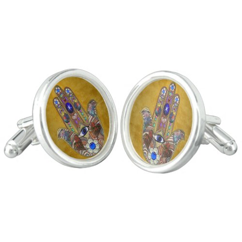 Hamsa Hearts Flowers Opal Art on Gold Cufflinks