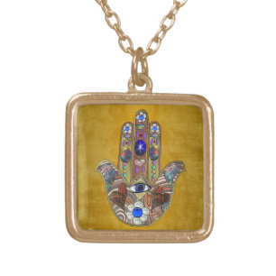 Hamsa Hearts Flowers Opal Art on Gold Gold Plated Necklace