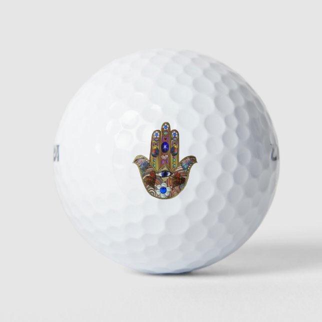 Hamsa Hearts Flowers Opal Art on Gold Golf Balls (Front)
