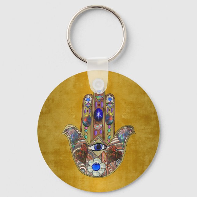 Hamsa Hearts Flowers Opal Art on Gold Keychain (Front)
