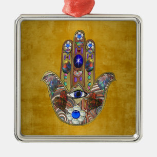 Hamsa Hearts Flowers Opal Art on Gold Metal Ornament