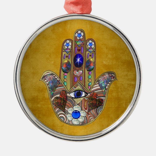 Hamsa Hearts Flowers Opal Art on Gold Metal Ornament (Front)