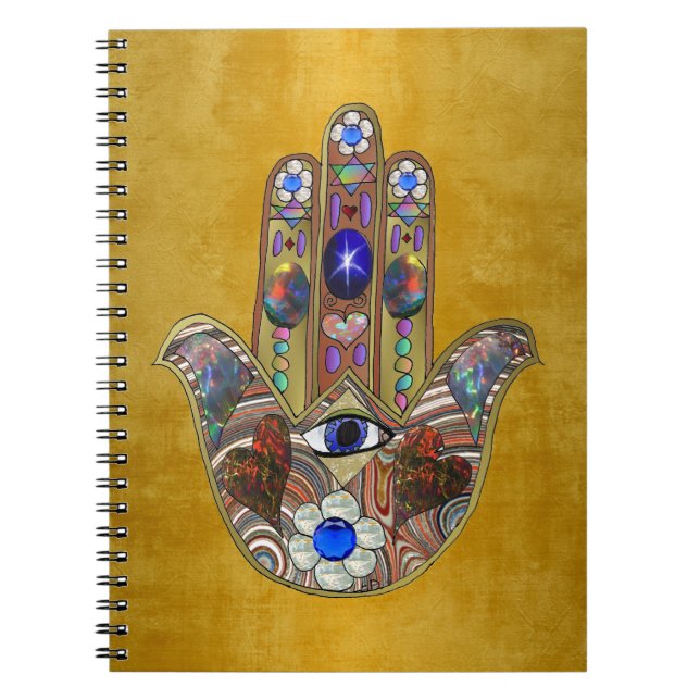 Hamsa Hearts Flowers Opal Art on Gold Notebook (Front)