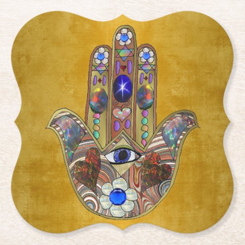 Hamsa Hearts Flowers Opal Art on Gold Paper Coaster