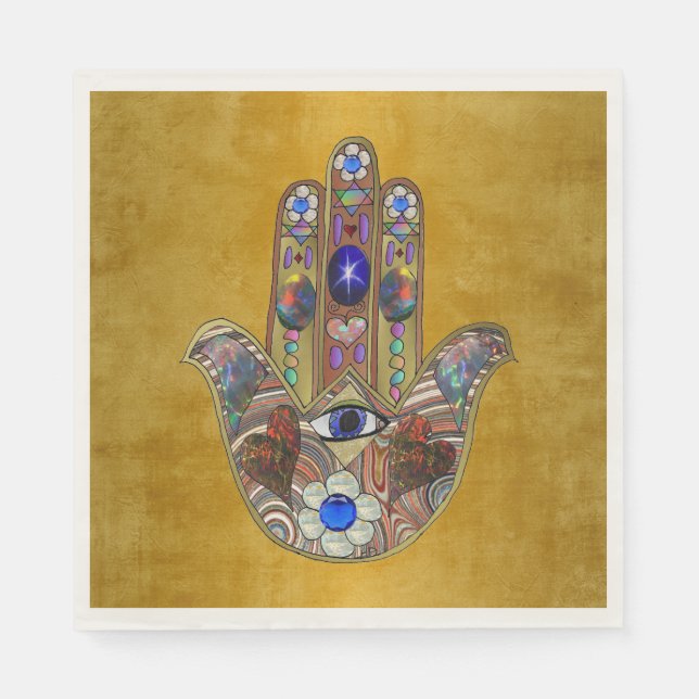 Hamsa Hearts Flowers Opal Art on Gold Paper Napkins (Front)