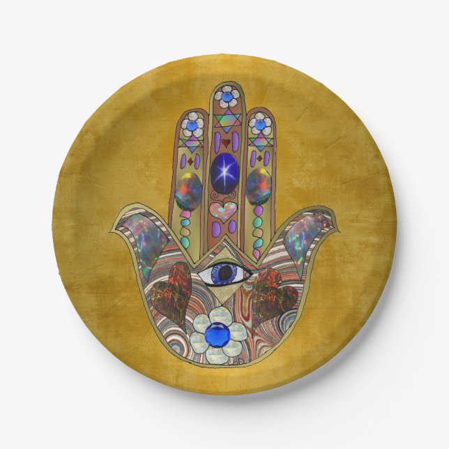 Hamsa Hearts Flowers Opal Art on Gold Paper Plates (Front)