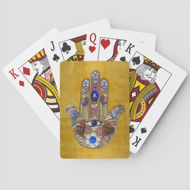 Hamsa Hearts Flowers Opal Art on Gold Poker Cards (Back)