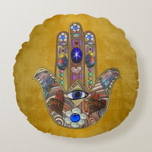 Hamsa Hearts Flowers Opal Art on Gold Round Pillow