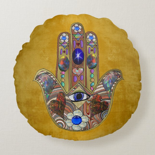 Hamsa Hearts Flowers Opal Art on Gold Round Pillow (Front)
