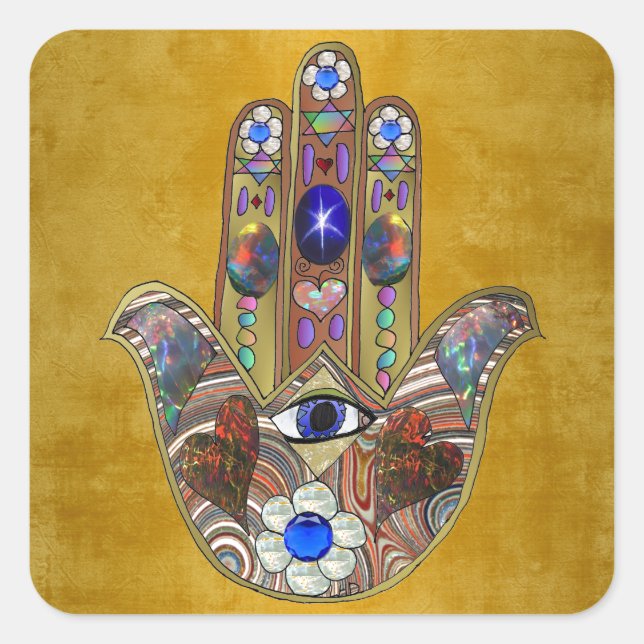 Hamsa Hearts Flowers Opal Art on Gold Square Sticker (Front)