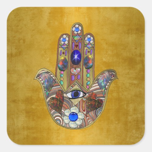 Hamsa Hearts Flowers Opal Art on Gold Square Sticker