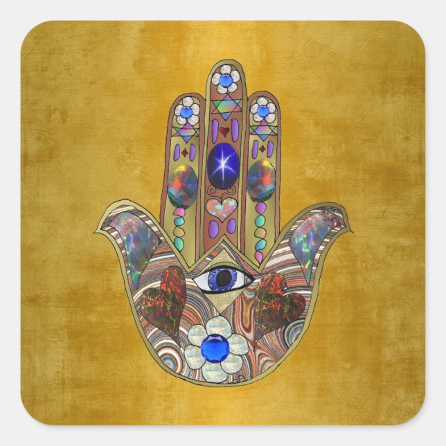 Hamsa Hearts Flowers Opal Art on Gold Square Sticker (Front)