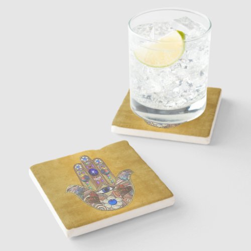 Hamsa Hearts Flowers Opal Art on Gold Stone Coaster