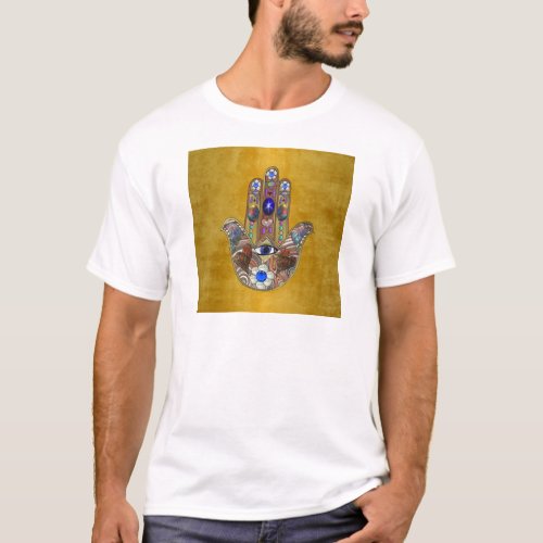 Hamsa Hearts Flowers Opal Art on Gold T_Shirt