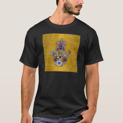 Hamsa Hearts Flowers Opal Art on Gold T_Shirt