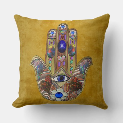 Hamsa Hearts Flowers Opal Art on Gold Throw Pillow