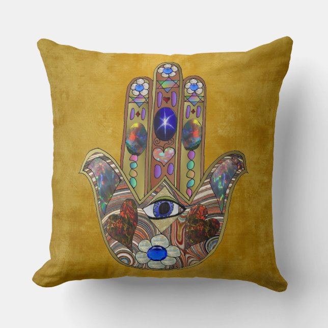 Hamsa Hearts Flowers Opal Art on Gold Throw Pillow (Front)
