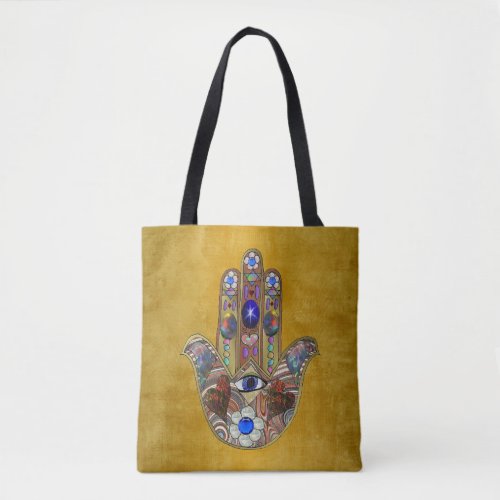 Hamsa Hearts Flowers Opal Art on Gold Tote Bag