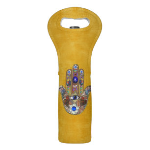 Hamsa Hearts Flowers Opal Art on Gold Wine Bag