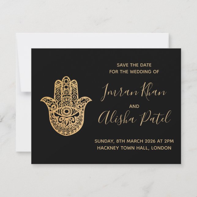 hamsa Henna Gold Black Desi Wedding Invitation (Front)