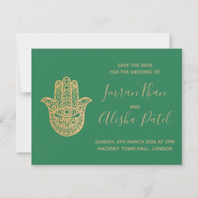 hamsa Henna Gold Green Desi Wedding Invitation (Front)