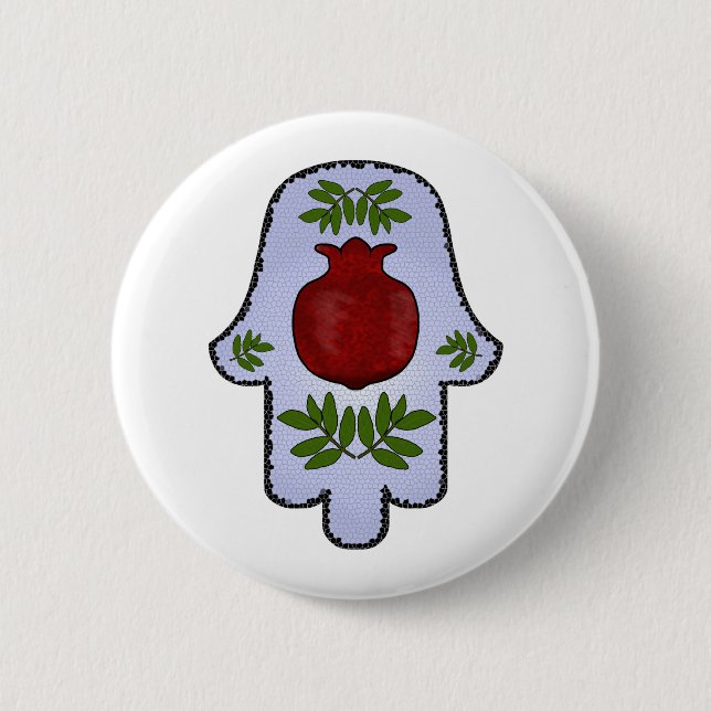 Hamsa, Pomegranate, Light Blue, Stained Glass Zazz Pinback Button (Front)