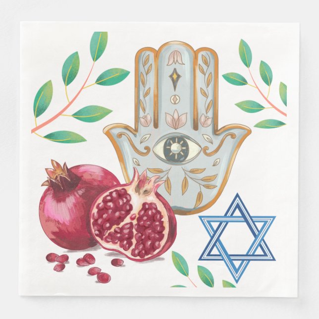 Hamsa Pomegranate Star of David Jewish Celebration Paper Dinner Napkins (Front)
