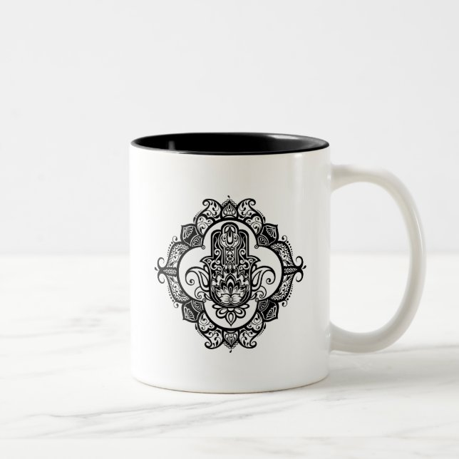 Hamsa With Ethnic Ornaments Doodle Two-Tone Coffee Mug (Right)
