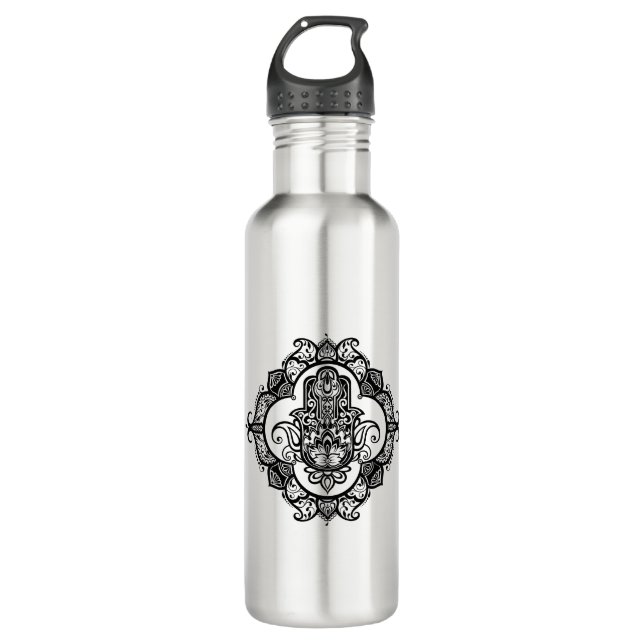 Hamsa With Ethnic Ornaments Doodle Water Bottle (Front)
