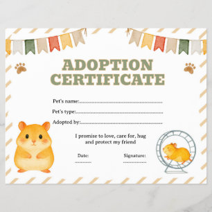 Hamster adopt a pet certificate editable flyer