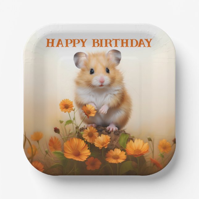 Hamster Amongst Orange Flowers Birthday Paper Plates (Front)