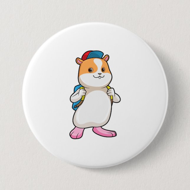 Hamster as Student with Backpack & Cap Button (Front)