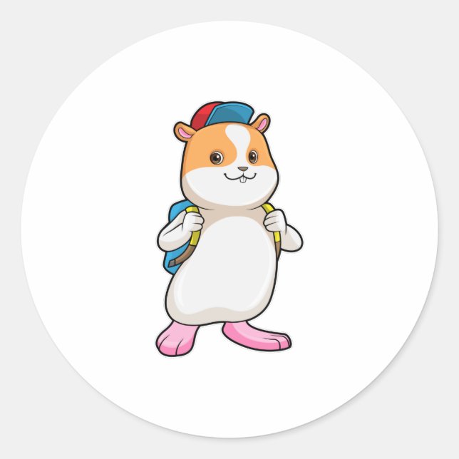 Hamster as Student with Backpack & Cap Classic Round Sticker (Front)