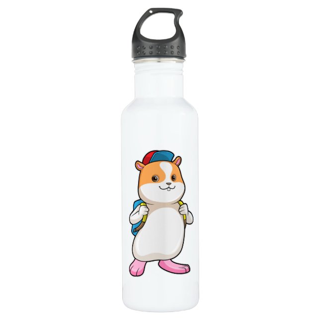 Hamster as Student with Backpack & Cap Stainless Steel Water Bottle (Front)