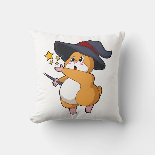 Hamster as Wizard with Magic wand Throw Pillow (Front)