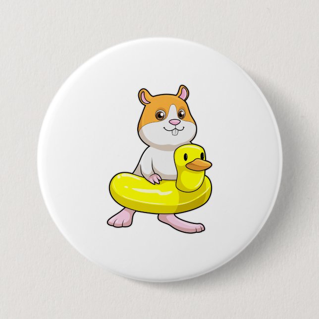 Hamster at Beach with Duck as Swim ring Button (Front)