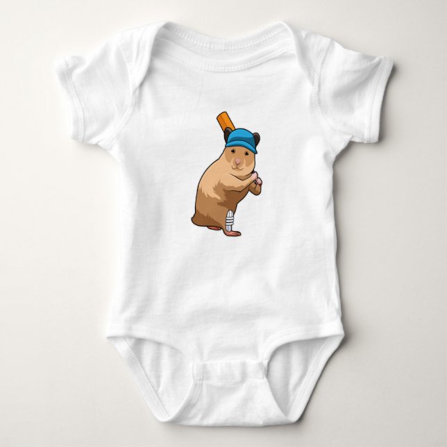 Hamster at Cricket with Cricket bat Baby Bodysuit (Front)