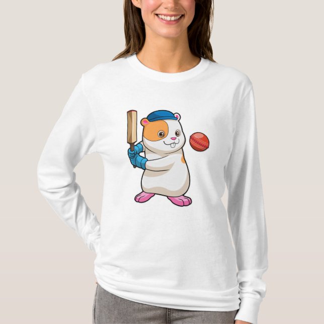 Hamster at Cricket with Cricket bat & Cap T-Shirt (Front)